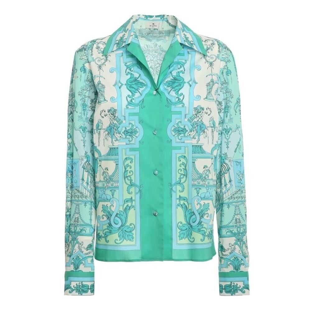 Etro Milano Baroque Print Stretch Cotton Collared LS Blouse Top Size 40 US S NWT